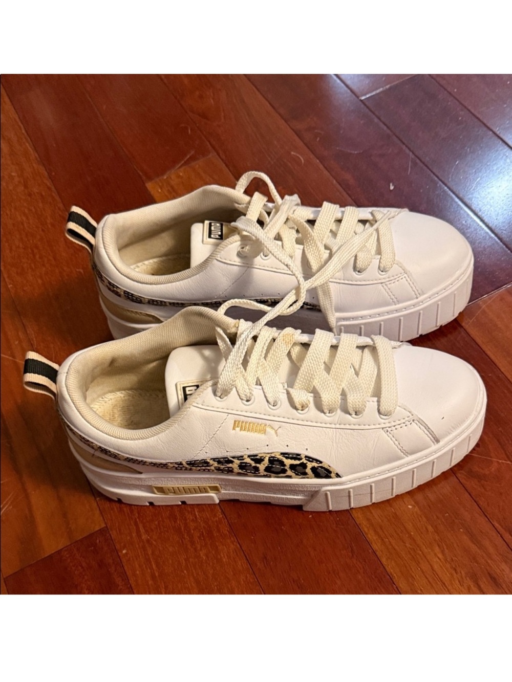 Puma Kids White Sneakers with Leopard Accent